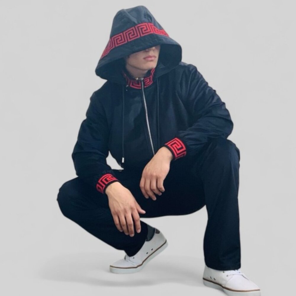 Men's Manzini Black | Red Velvet Hooded Casual Tracksuit NWT